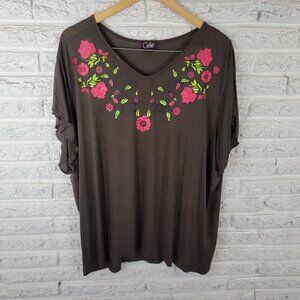 Coline Women's 3XL Plus Green Red Floral T-Shirt V-Neck Viscose Spandex FLO270E